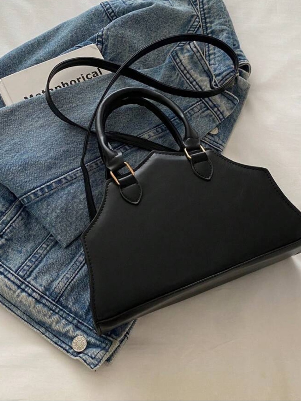New Black Spiderweb Stitched Satchel Handbag - Picture 4 of 4